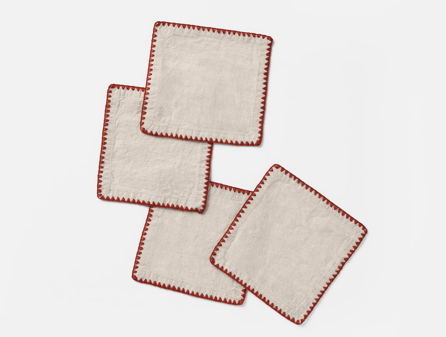 Olivos Embroidered Organic Linen Cocktail Napkins | Natural Chambray w/Claret