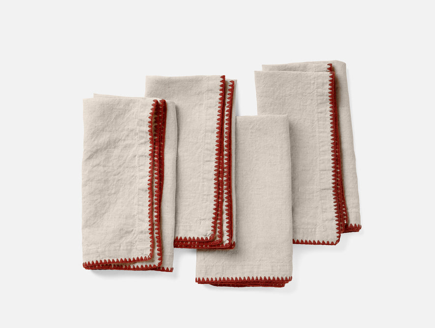 Olivos Embroidered Organic Linen Napkins | Natural Chambray w/Claret